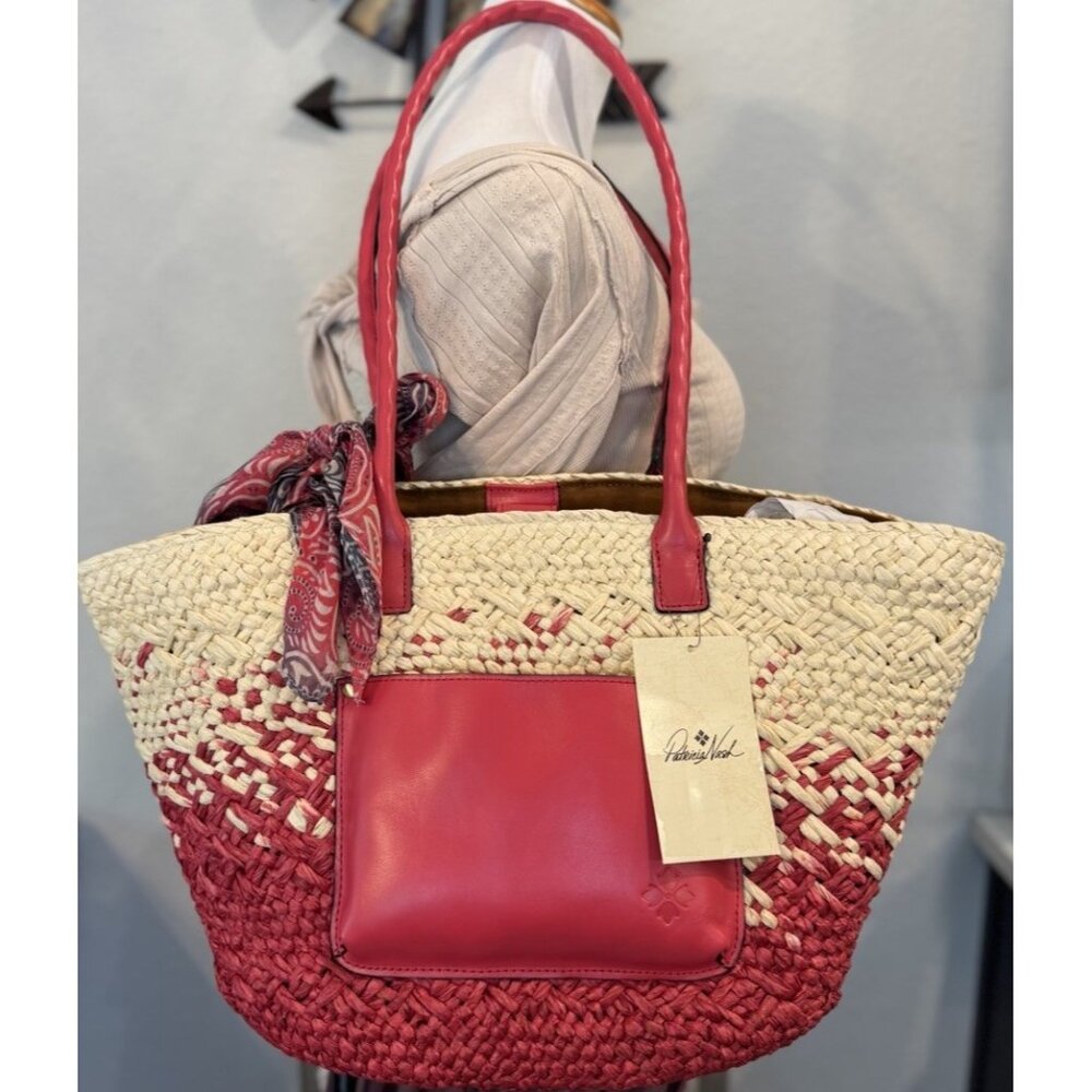 Patricia Nash Calypso Woven Straw Tote W/ Leather Trim & Scarf-Passion Red-NWT